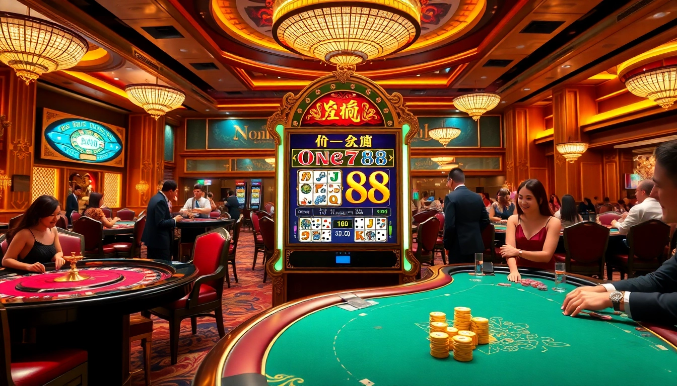 Engaging scene with nổ hũ one88 slot machine amid luxurious casino ambiance.