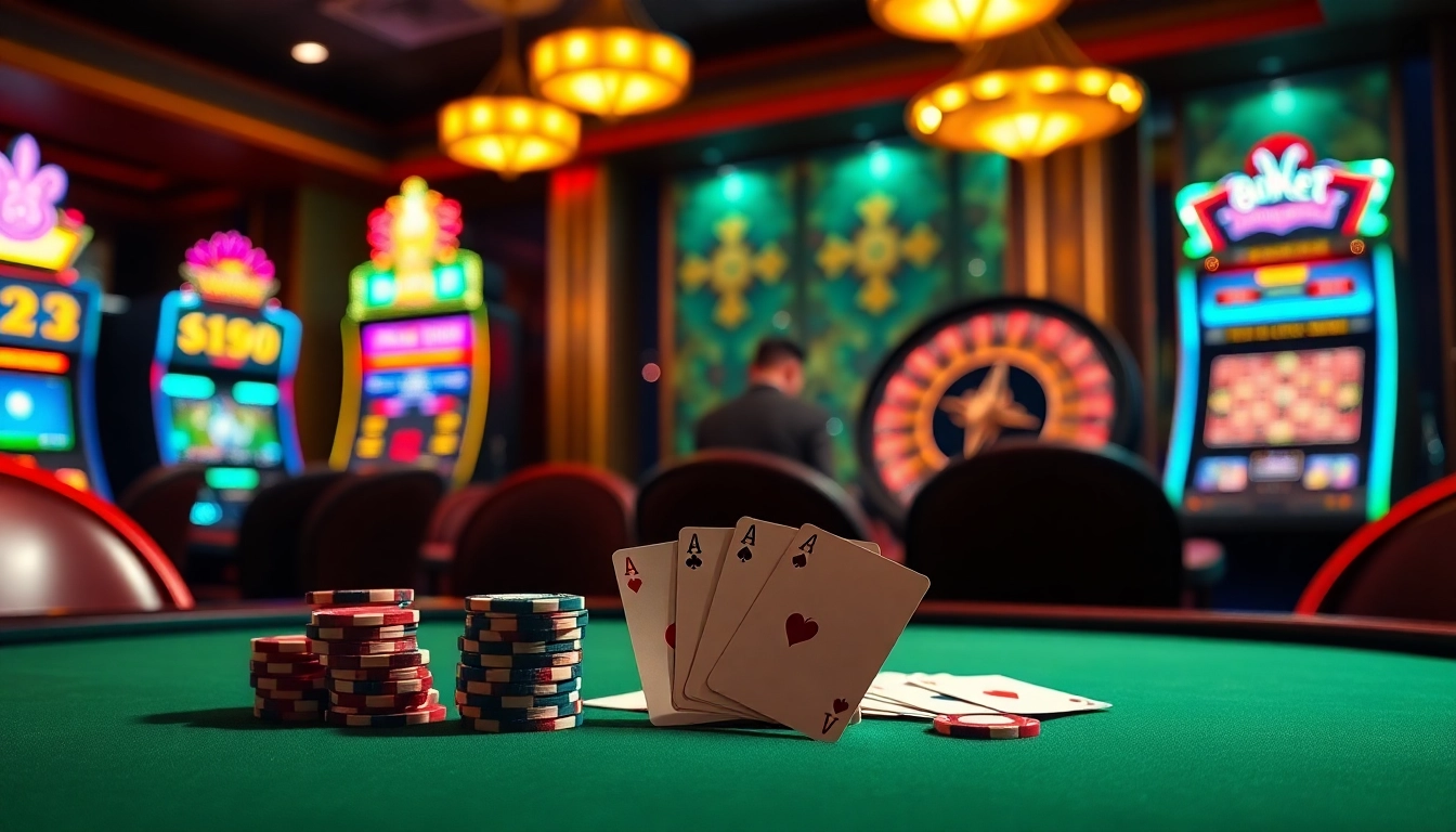 Experience the thrill of winning at 8kkbet.com with an interactive luxury casino setting featuring poker tables and vibrant slot machines.