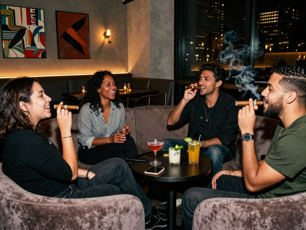 Friends enjoying the rokok88 experience at a trendy lounge with stylish cigars and cocktails