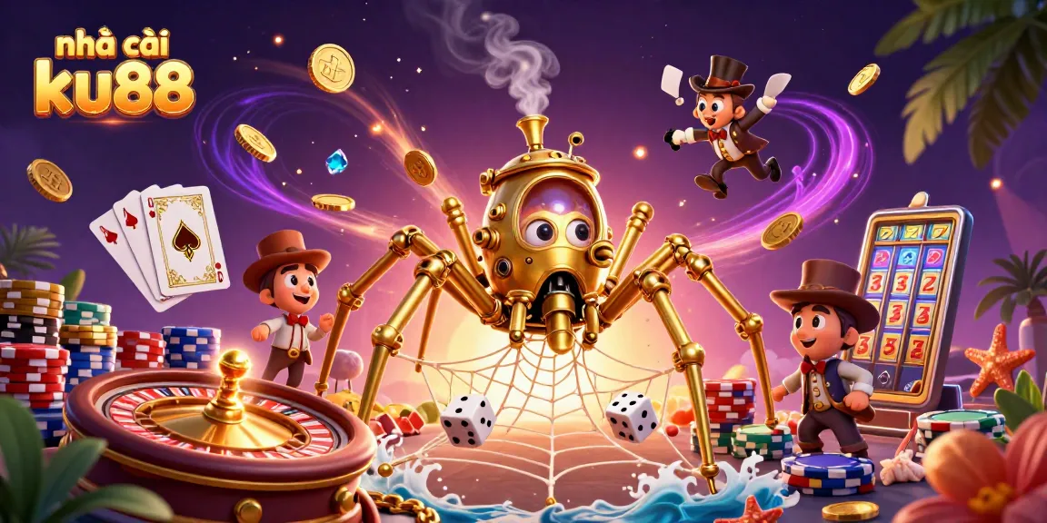 Engage in thrilling wins with nhà cái ku88's vibrant casino illustration, showcasing games and golden chances.