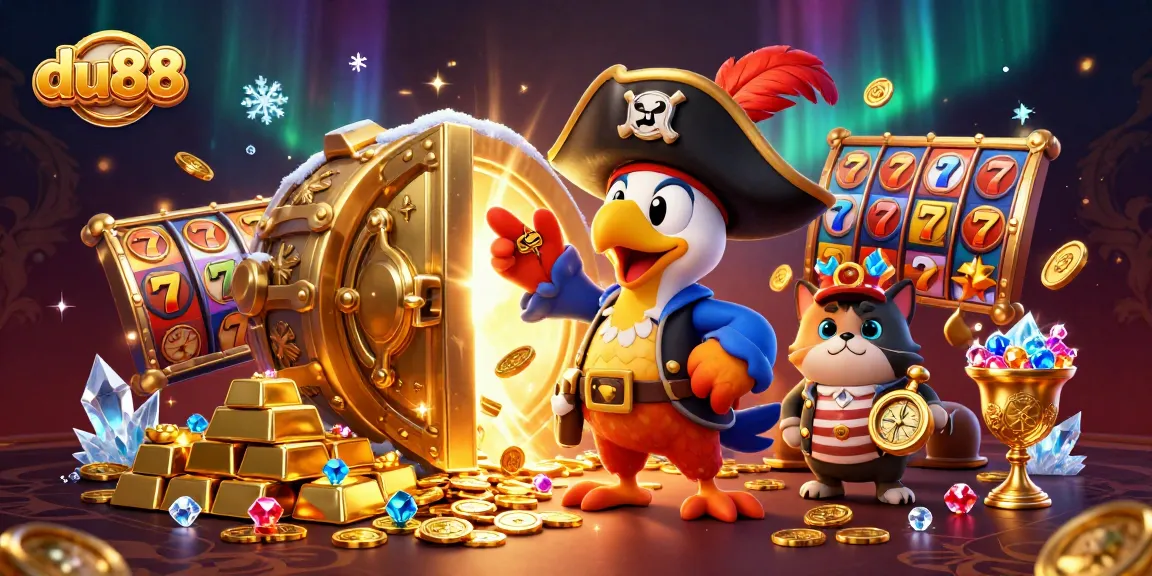 Experience du88's thrilling slot adventure with a vibrant 3D pirate scene full of treasures.