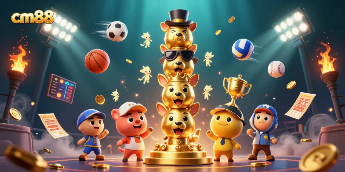 Engage with cm88's vibrant gaming world featuring animated totem and dynamic sports elements.