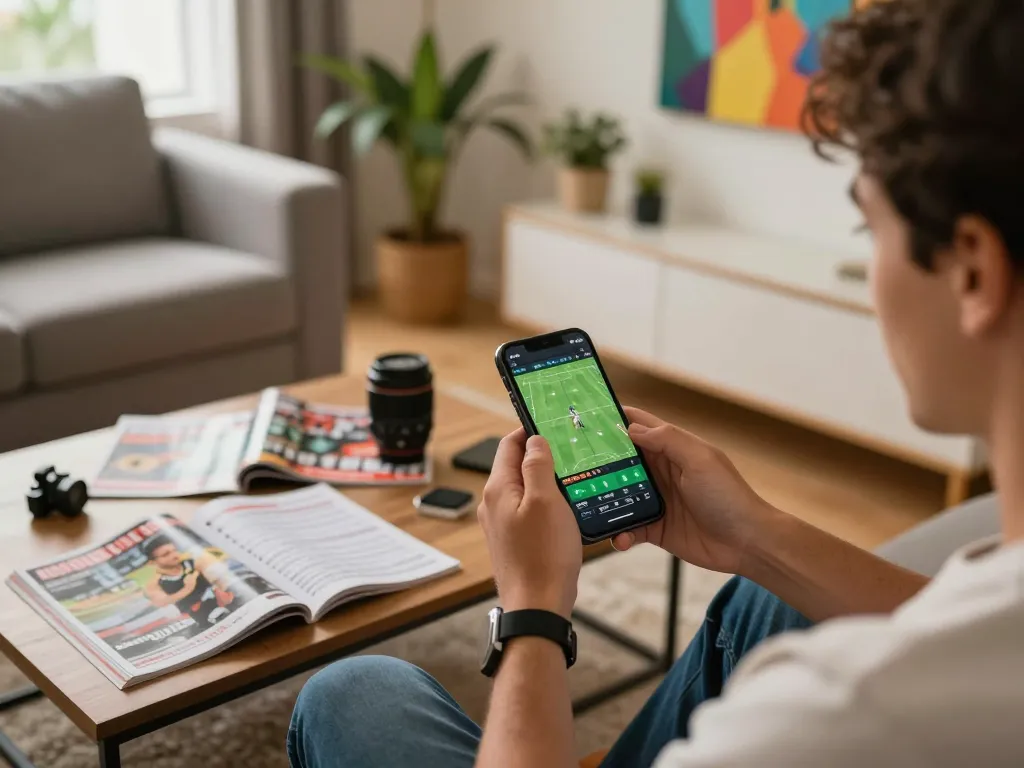 Engaging in online sports betting with bsport app on smartphone, cozy home setting, strategic preparation.