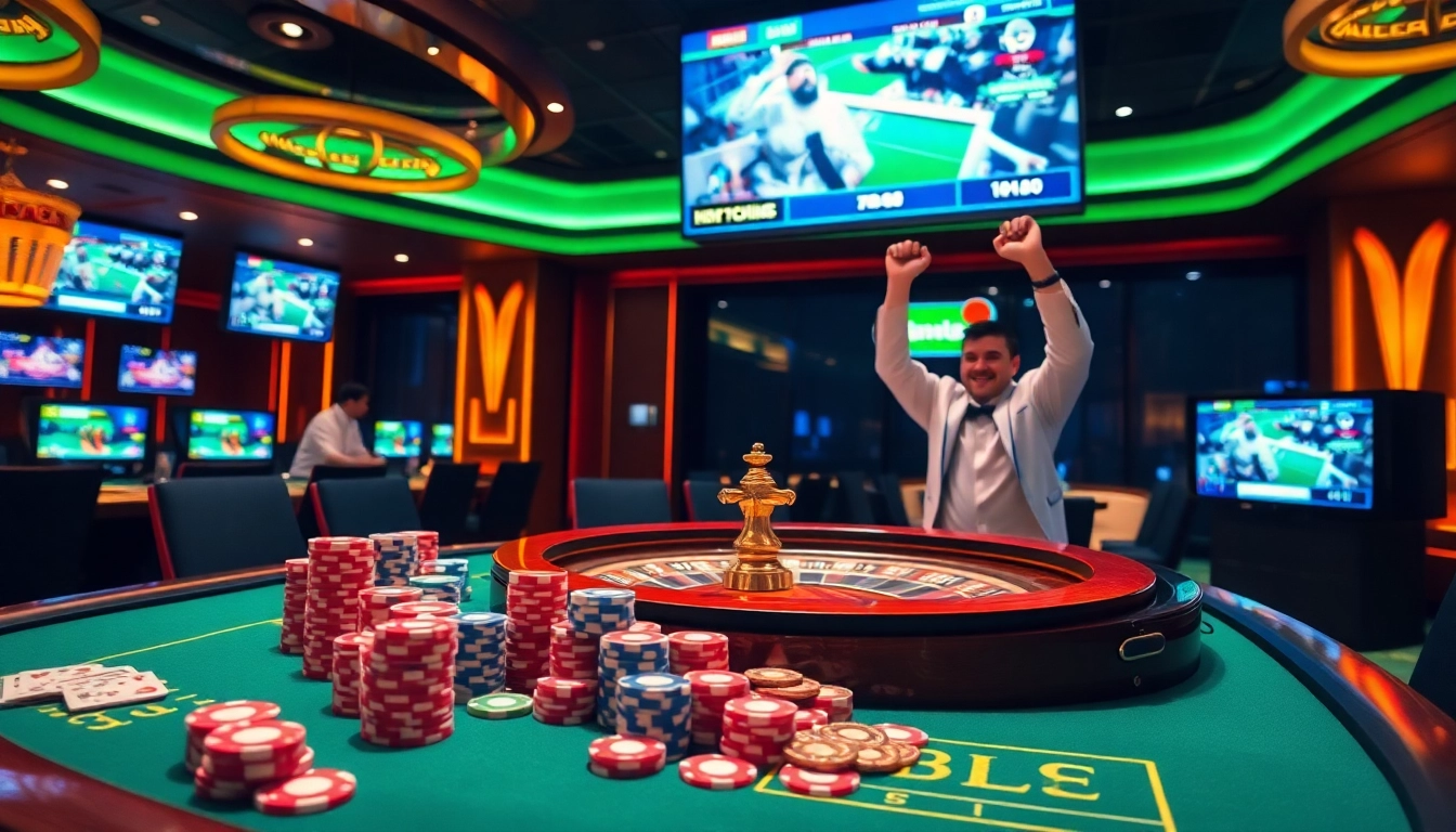 Action-packed scene of đá gà trực tiếp wala88 at a sophisticated casino table, showcasing excitement and high-stakes gambling.