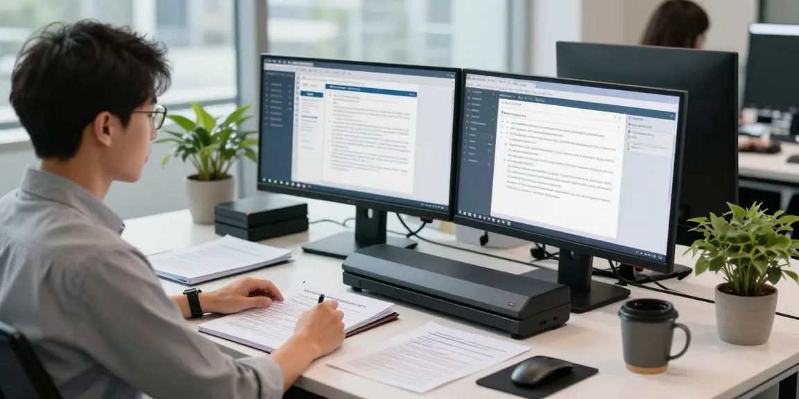 Document fraud detection analyst reviewing data with high-tech tools in a modern office environment.