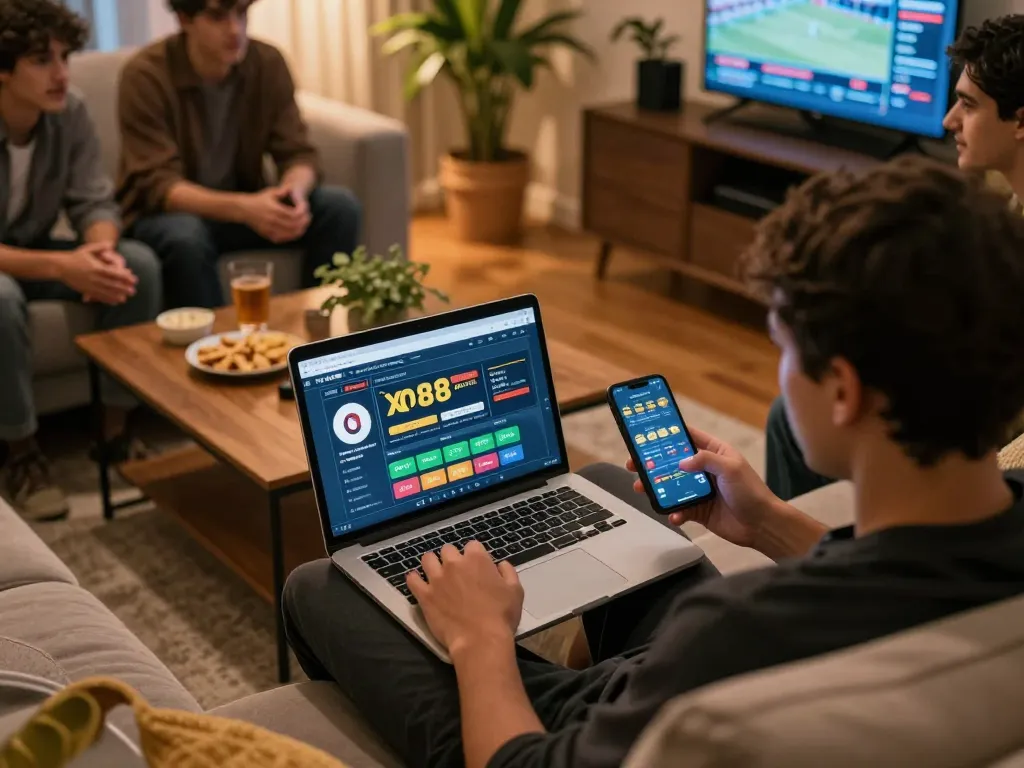 Engaging moment of sports betting on xo88 platform at home, showing laptop and phone in use.