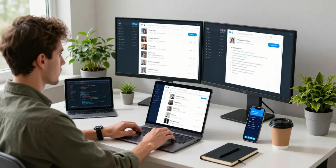 Explore the Telegram Download interface on a modern workspace setup with multiple tech gadgets.