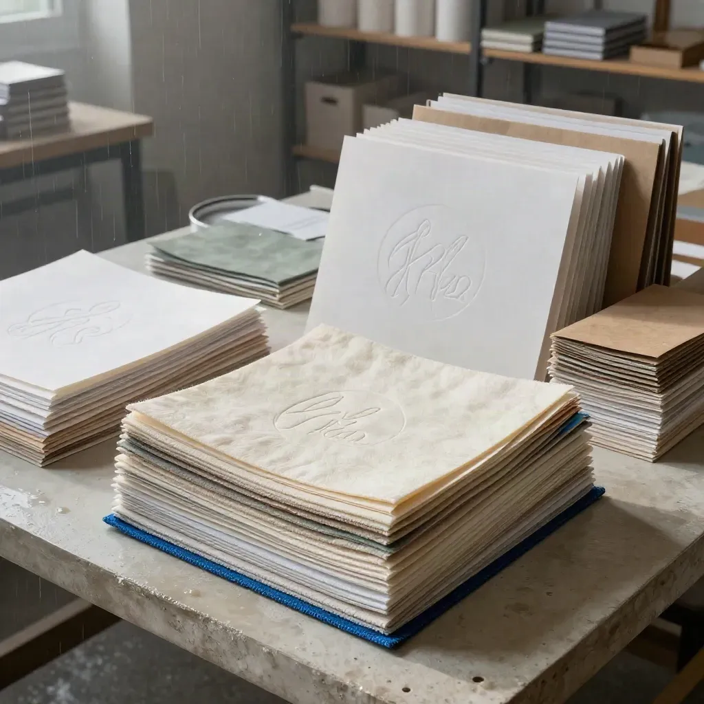 Atelier creativo con prove di monogrammi, campioni e packaging in luce cinematica