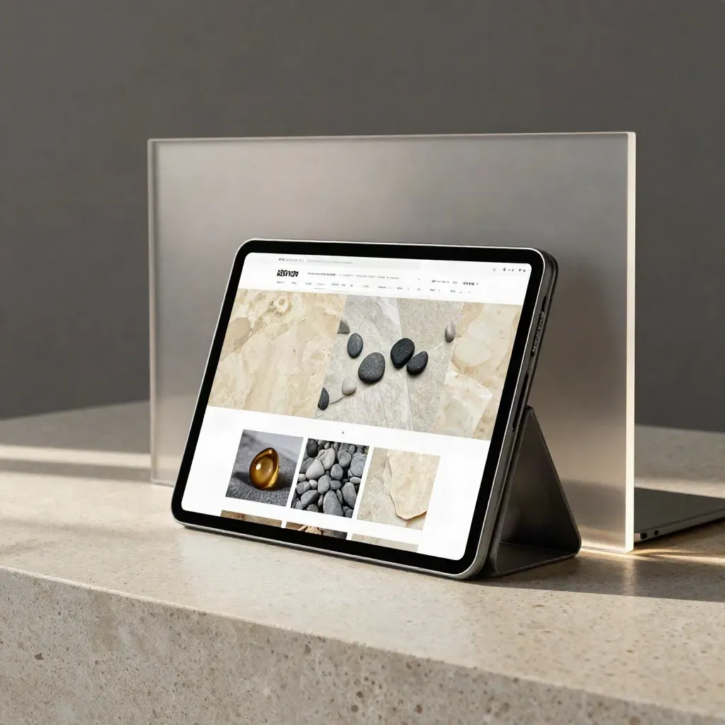 Mockup di homepage web su supporti in travertino e metallo, stile elegante e luminoso.