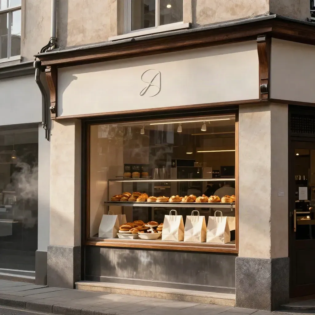 Facciata di una bakery illuminata al mattino, con insegna nuova, vetrina di dolci e sacchetti impilati.