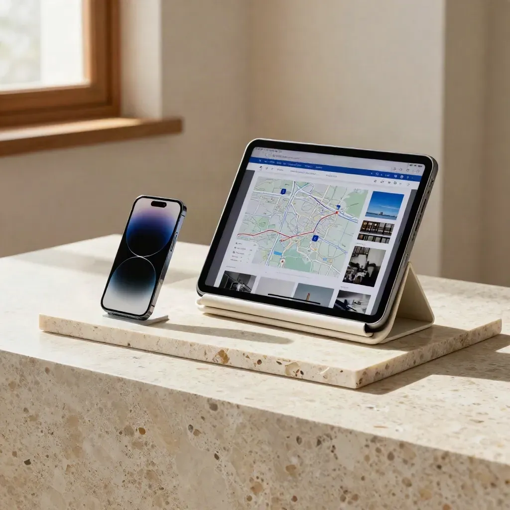 Tablet, smartphone e mappa pagina in acrilico su pietra, luce calda e stile editoriale.