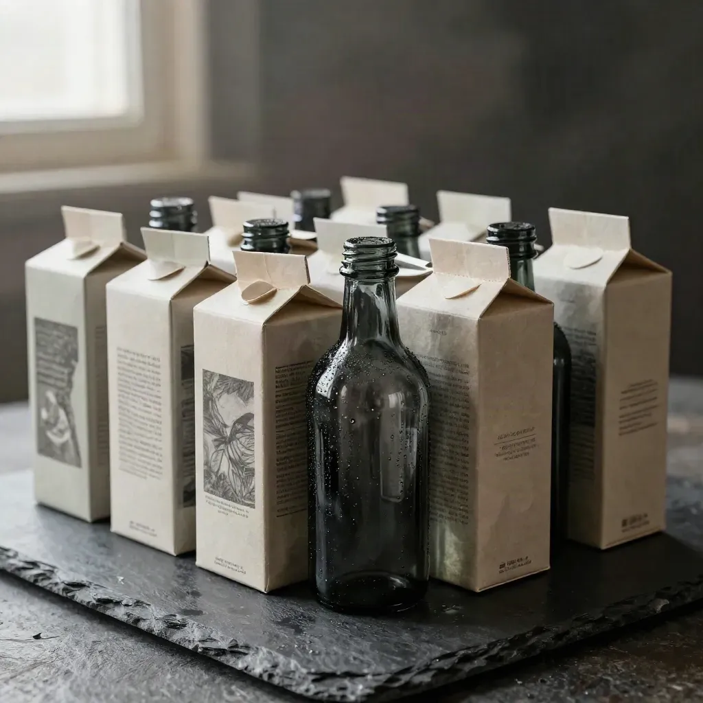 Packaging botanico scuro su ardesia con bottiglie, scatole e tavole stampa sfocate.