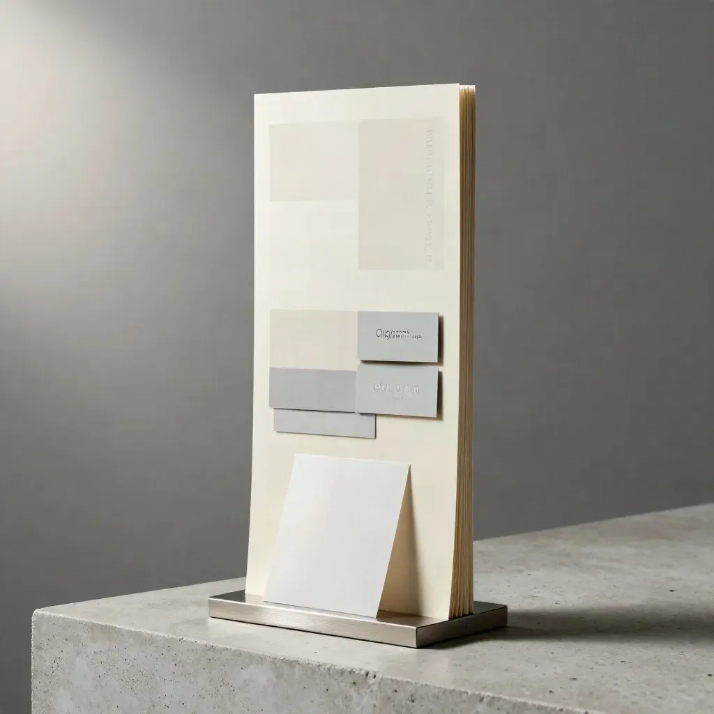 Maquette di landing page con card pieghevole e due tile offerta su base in cemento chiaro