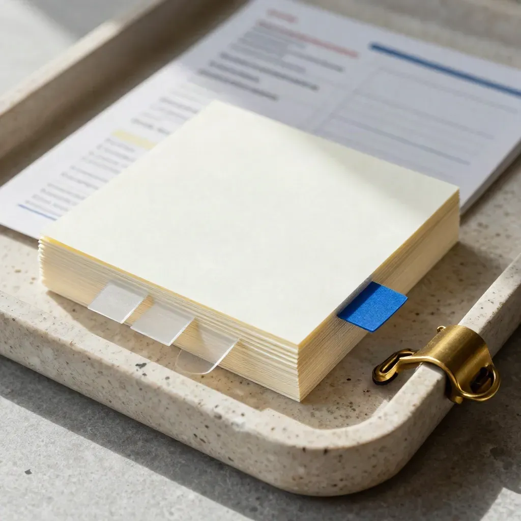 Carte bianche, segnapunti e clip in ottone su travertino con un accento blu cobalto.