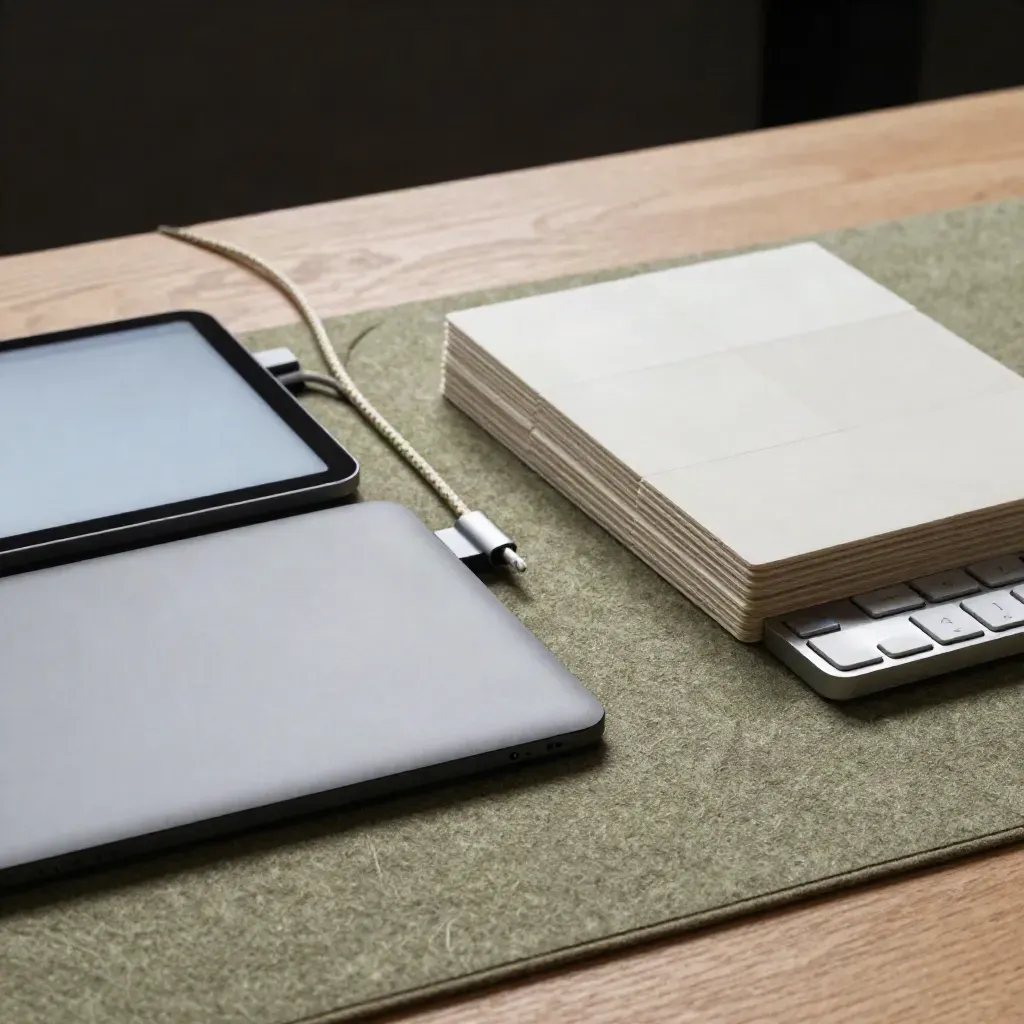 Oggetti da web designer su piano caldo: tablet, trackpad, cavo intrecciato e tastiera in luce radente.