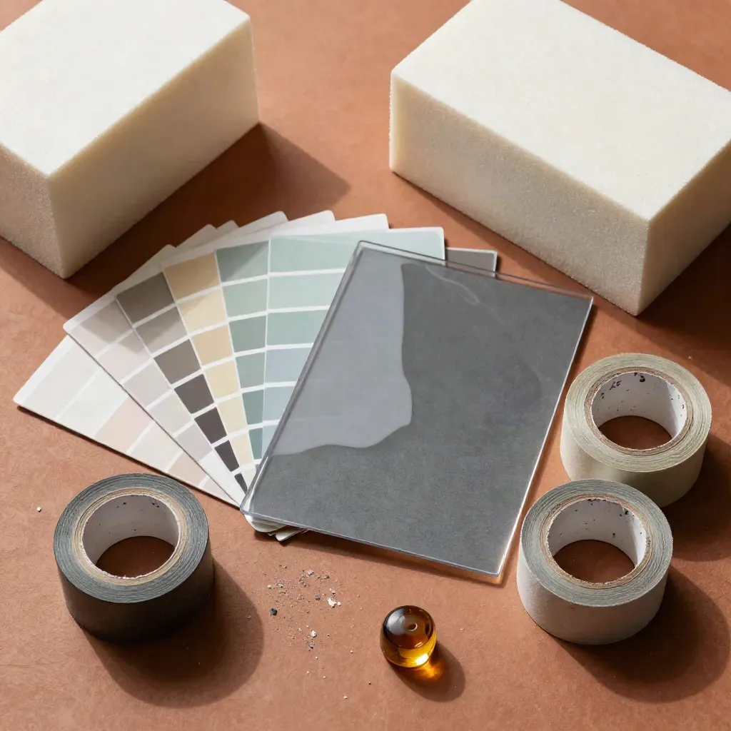 Kit da art director con foam-core, campioni colore, nastro gaffer e peso in vetro su piano terracotta