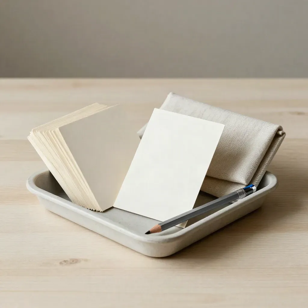 Carte, cartoncini e matita su legno chiaro per il brief iniziale di Tela Bianca.