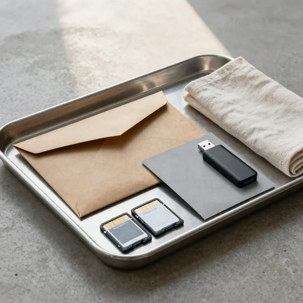 Busta kraft, chiavetta USB nera, custodia archivio e due memory card in vassoio di metallo.