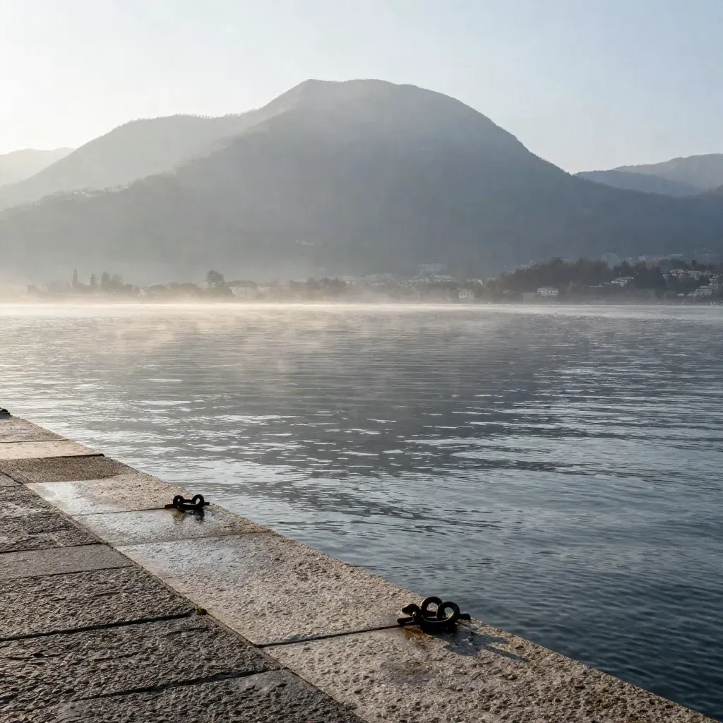 Riva in pietra del Lago di Como, acqua calma e creste alpine avvolte nella foschia del mattino.