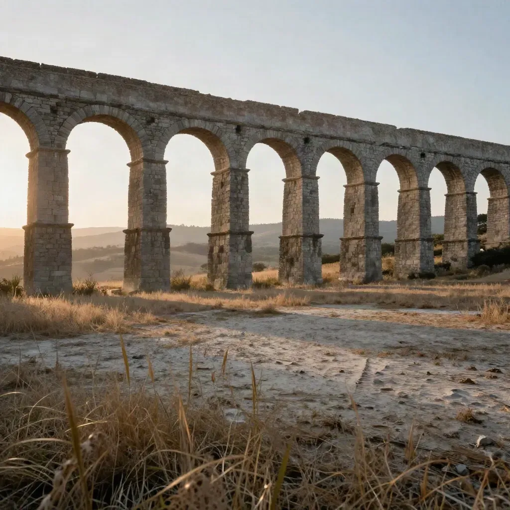 Acquedotto romano in travertino su campagna secca, cielo serale velato e luce calda.