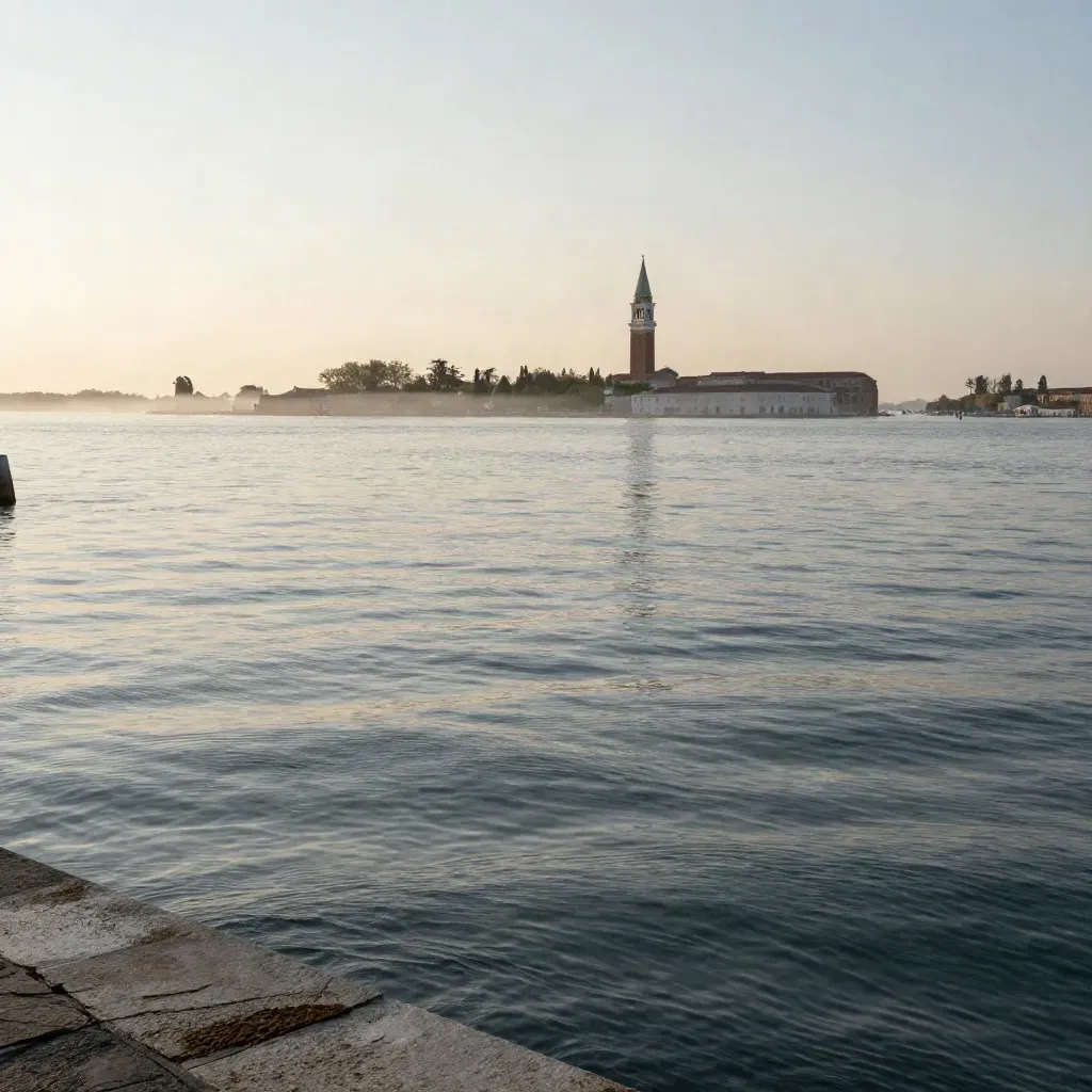 Laguna veneta al tramonto con campanile distante e acqua riflettente, lieve foschia salmastra.