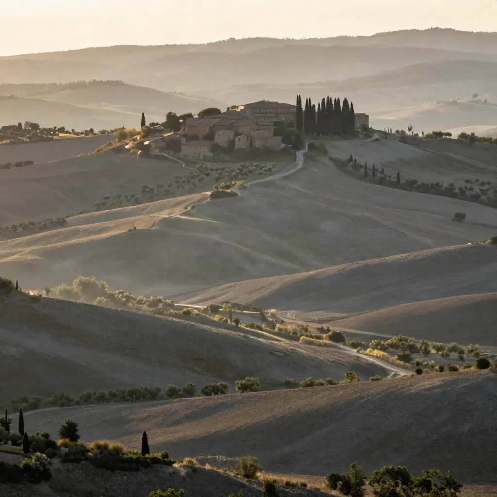 Collina italiana nebbiosa con tetti in terracotta, cipressi e campi d’olivo in lontananza