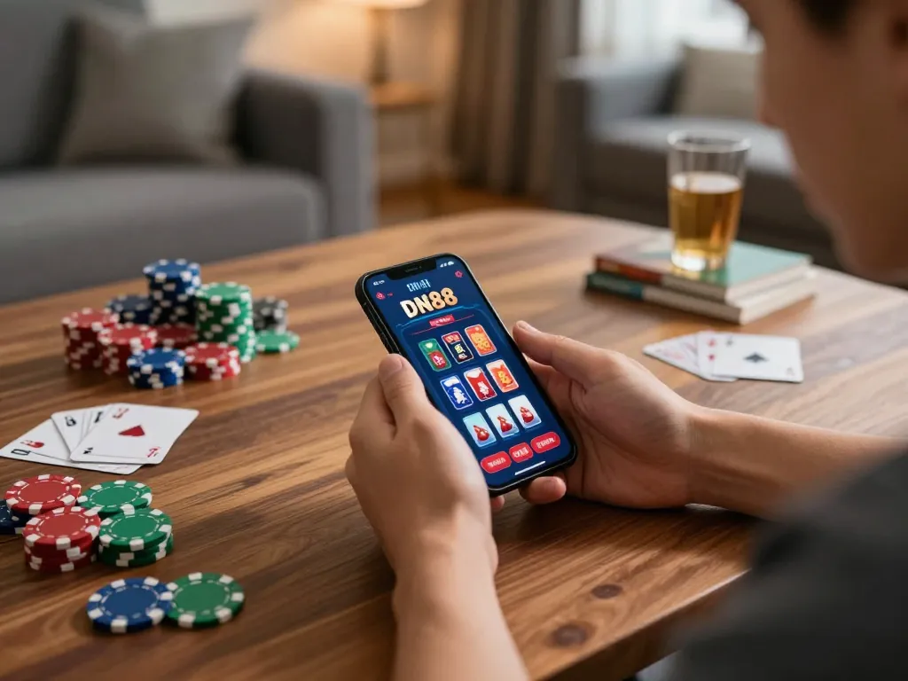 Player using DN88 casino app on smartphone, enjoying home gaming experience with poker chips and cards.