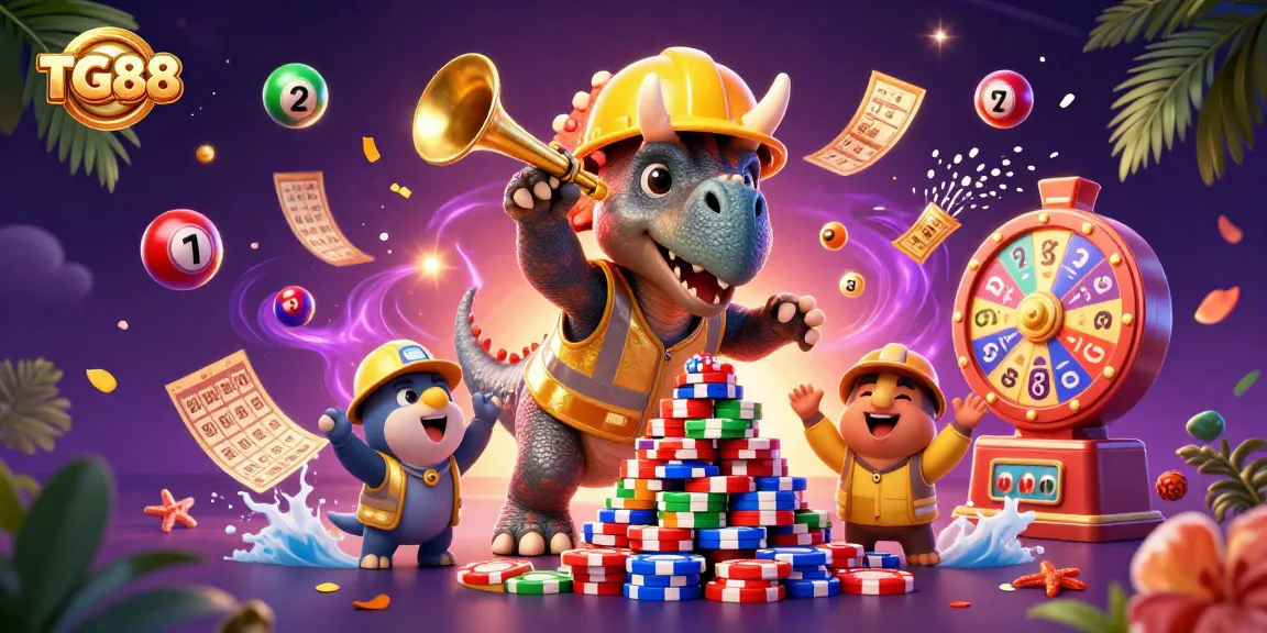Cheerful TG88 illustration with characters celebrating while playing vibrant lottery games and poker.