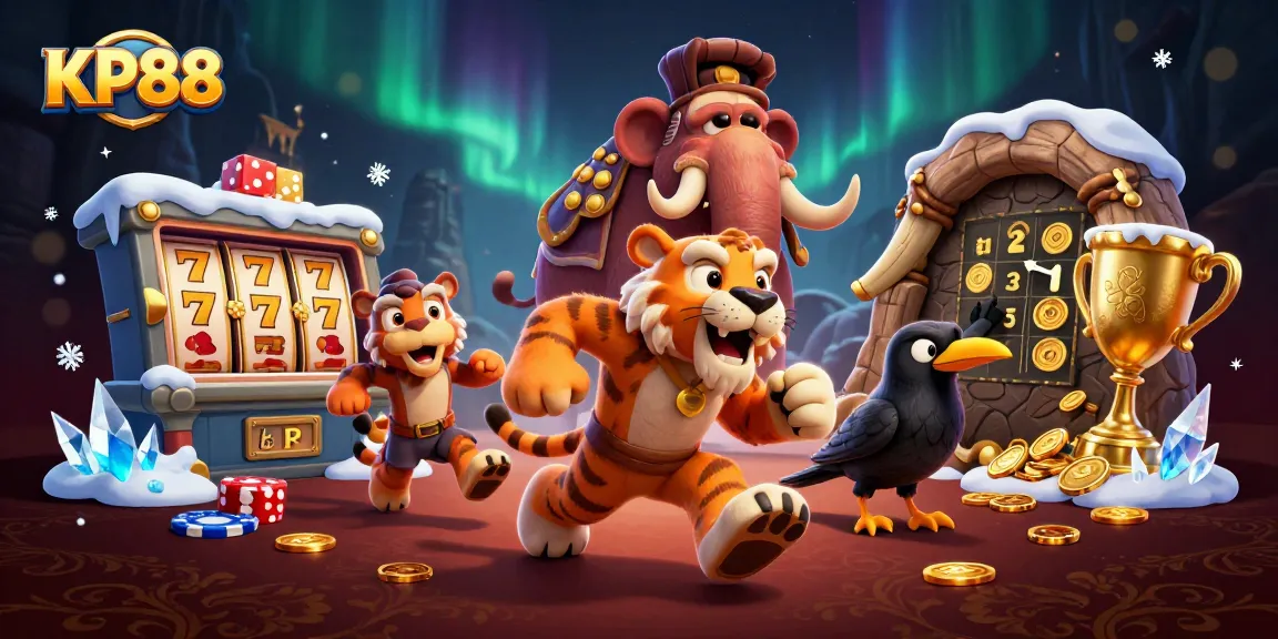 Experience dynamic gaming excitement at KP88 with cavemen, slot reels, and lively casino elements.