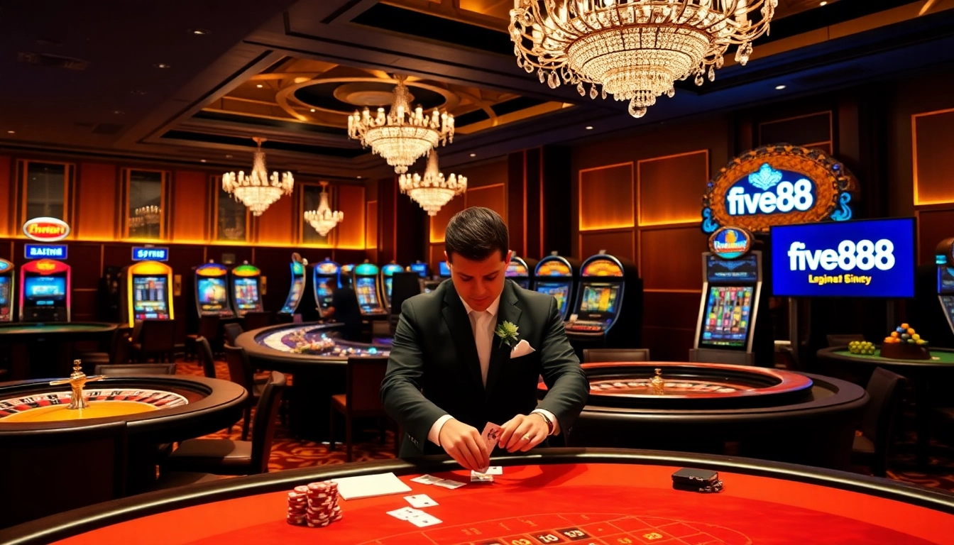 Experience the excitement of gambling at five88 with luxurious casino tables and vibrant slot machines.