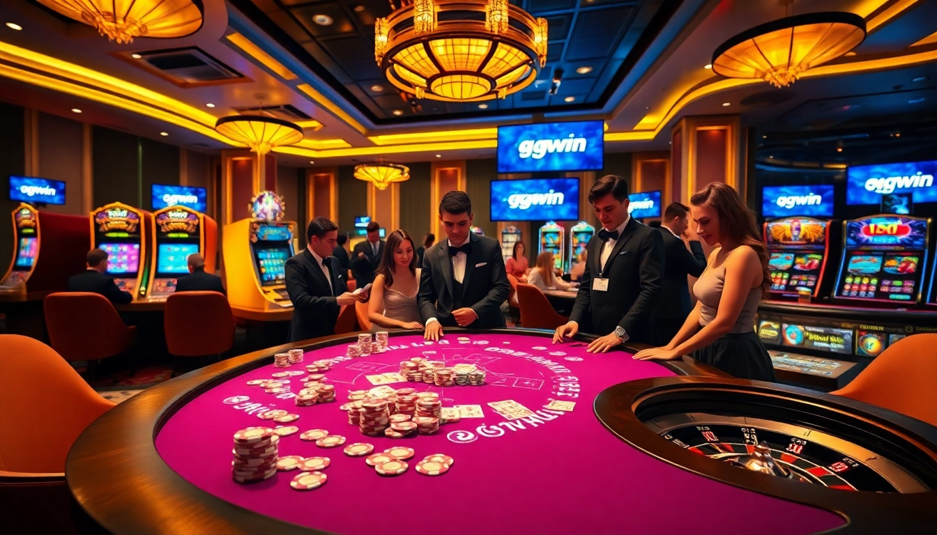 Engaged players exploring gaming options while 'liên hệ ggwin' shines in a vibrant casino atmosphere.