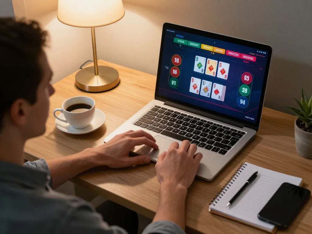 Player enjoying 32win online casino experience, engaging with live dealer on laptop in a cozy setting