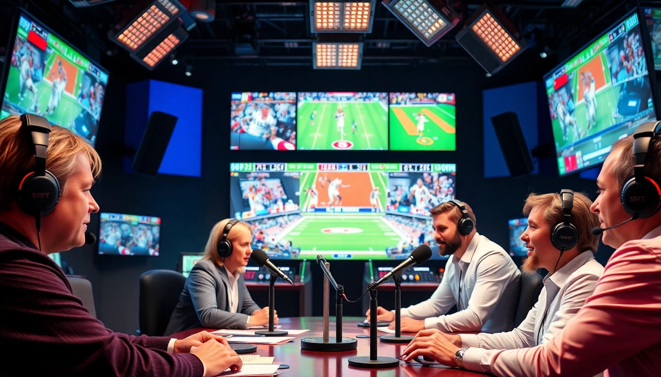 Dynamic scene of Sports Broadcasting with professionals discussing live sports coverage in a vibrant studio.