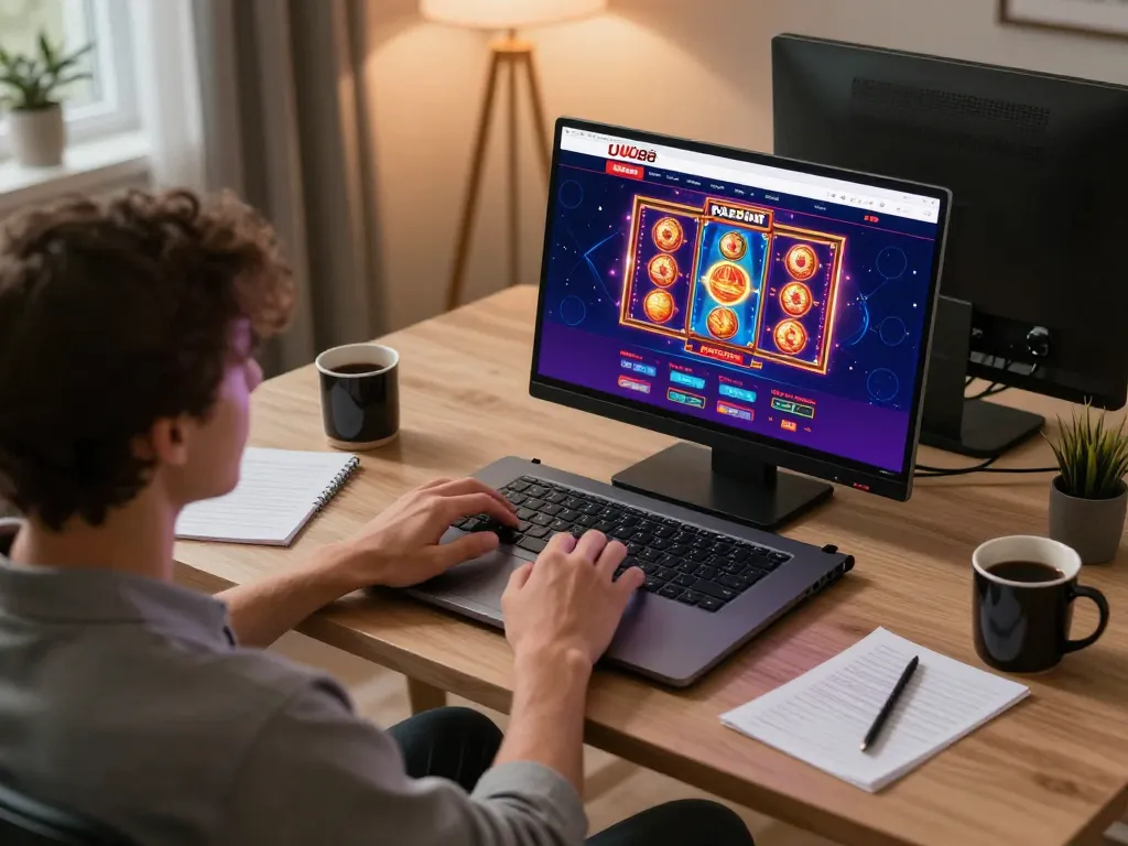 Person engaging in online gaming at UU88 with strategic betting notes and a laptop in a cozy home setting.