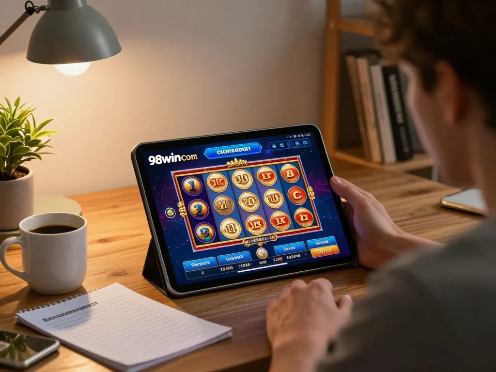 Player engaging on 98win com casino app showing strategic gameplay options in a cozy setup.