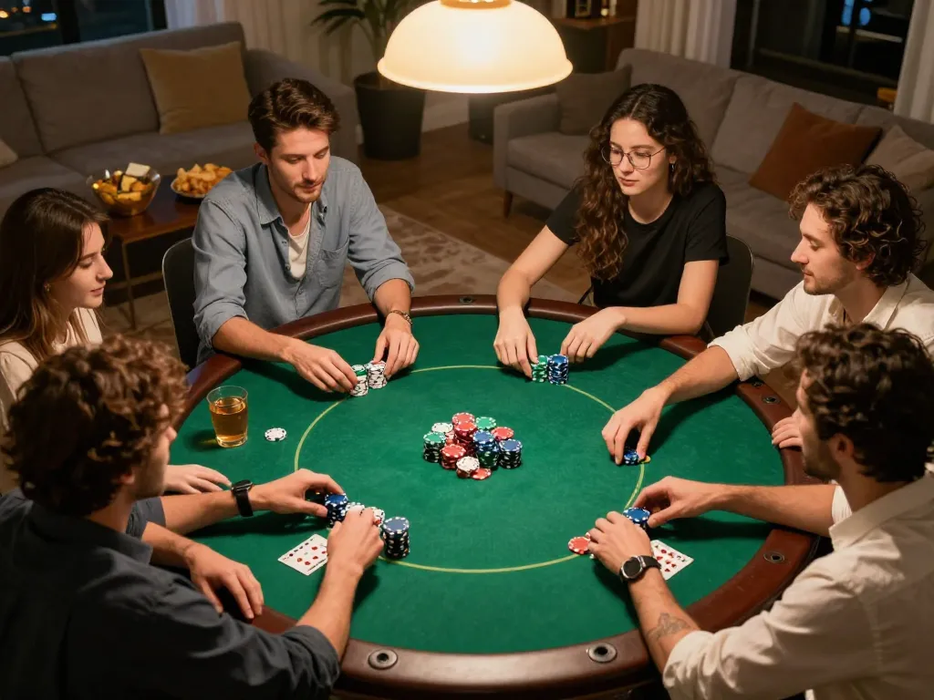 Friends enjoying a competitive game of poker at home, featuring the lively atmosphere of LUCKY88 gameplay