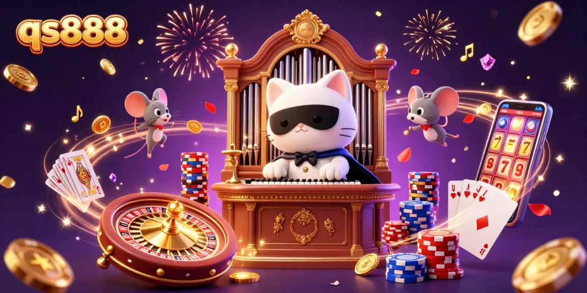 Experience the thrill of qs888 with a casino scene featuring vibrant games, golden coins, and animated characters.