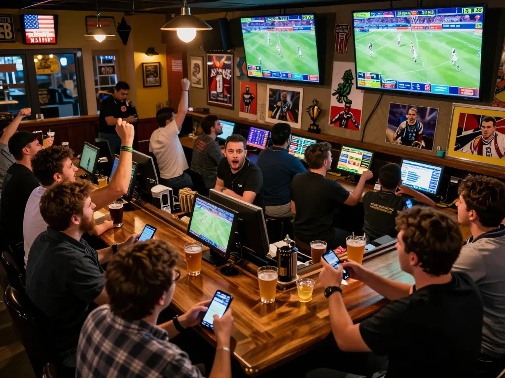 Engaged bettors at Lu88 placing live sports wagers in a lively bar setting
