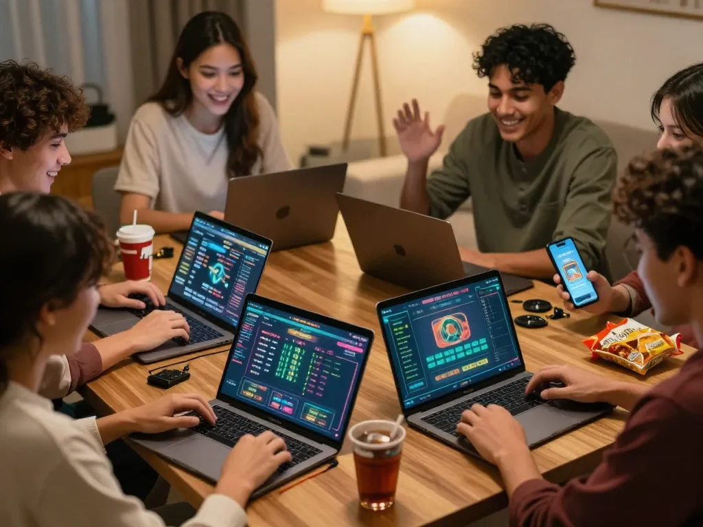 Friends enjoying a fun online gaming session on nhà cái uy tín platform in a cozy environment.