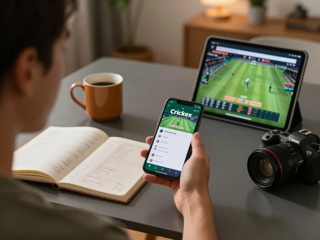 Engage with mobile betting on Crickex app showing live cricket action while enjoying a cozy home setup.
