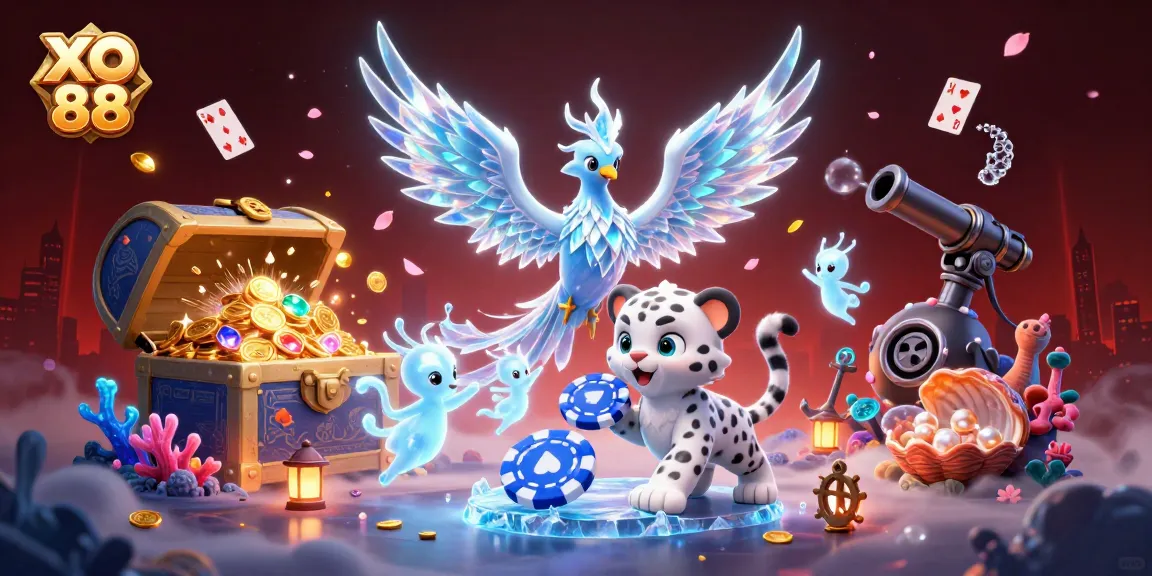 Experience thrilling excitement with XO 88 in this vibrant 3D casino scene featuring playful characters and dynamic elements.