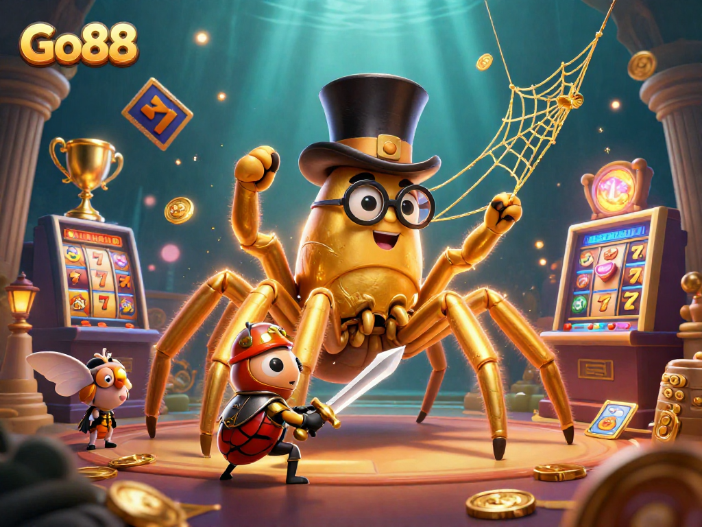Go88 showcases a thrilling casino scene with a golden tarantula and a beetle knight amidst vibrant slot machines.