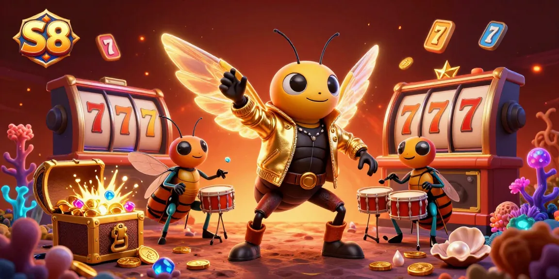 Experience S8's electrifying casino excitement with a vibrant 3D illustration showcasing animated characters amidst slot machines and treasure.