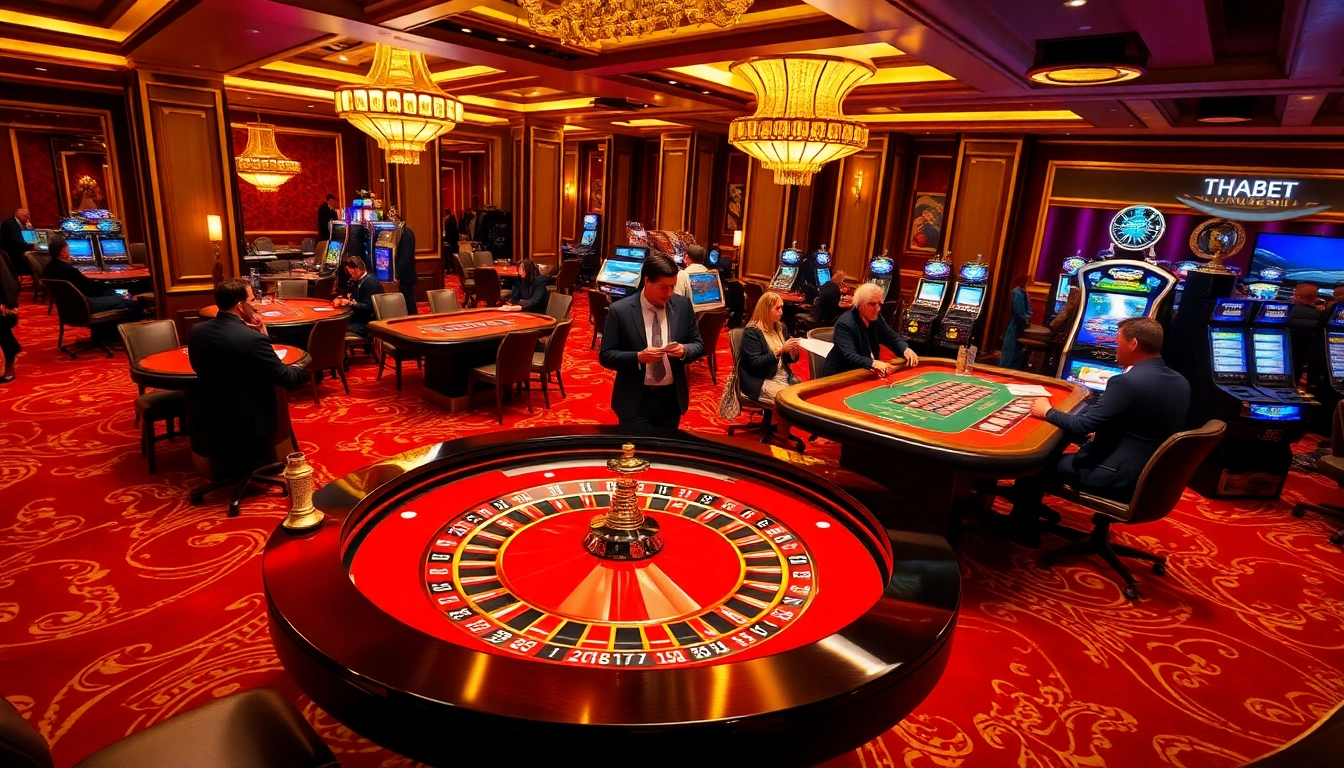 Exciting gameplay at the THABET casino featuring vibrant roulette tables and enthusiastic players.