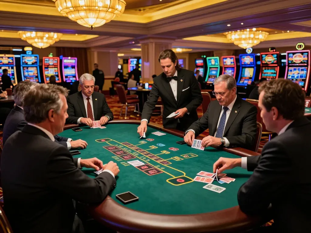Players engaging in high-stakes blackjack gameplay at a luxurious casino with ambient lighting and strategic bets on the table.