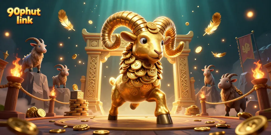 Experience thrilling action with 90phut link as a golden ram charges, surrounded by coin-stacked spectators.