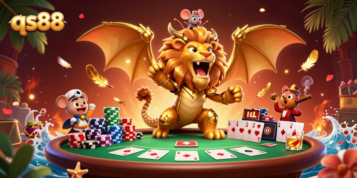 Experience the vibrant qs88 gaming scene with a triumphant chimera and dynamic poker elements.