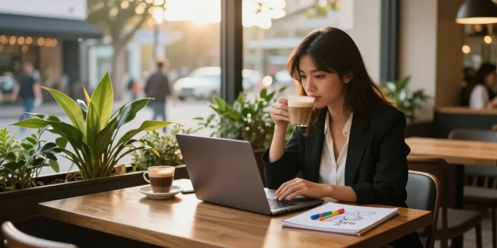 Young woman enjoying coffee while discussing rokok88 alternatif in a bustling urban café.