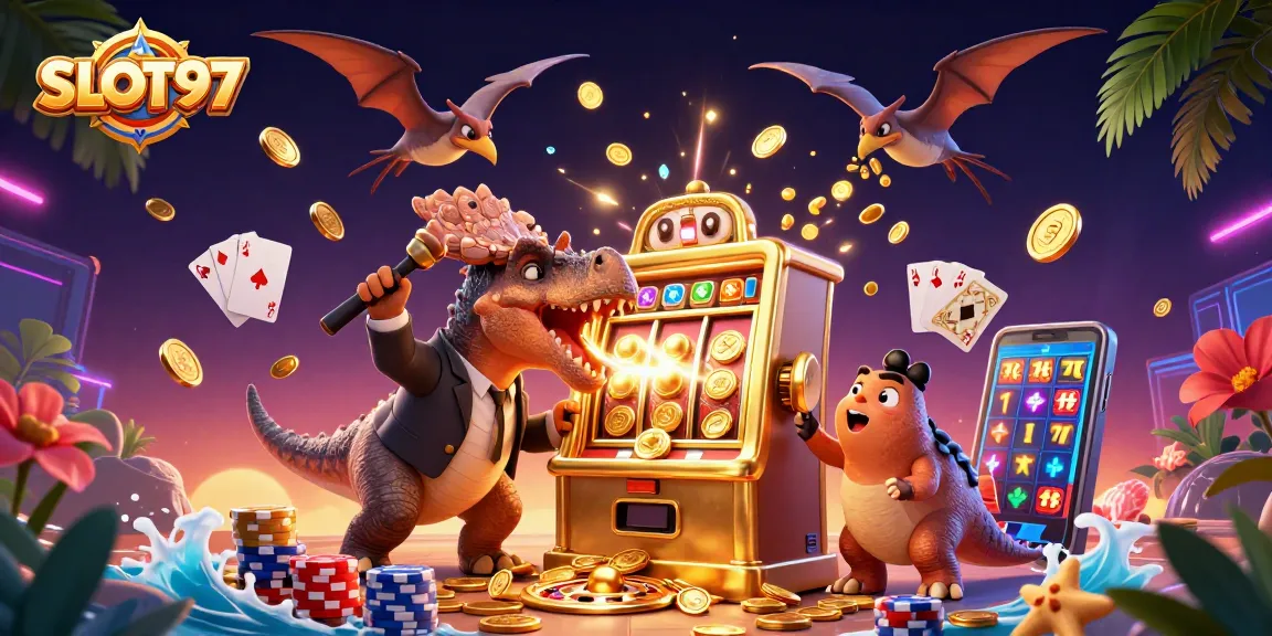 SLOT97 features a vibrant 3D scene of a pachycephalosaurus celebrating a slot machine jackpot, illustrating thrilling casino gameplay.