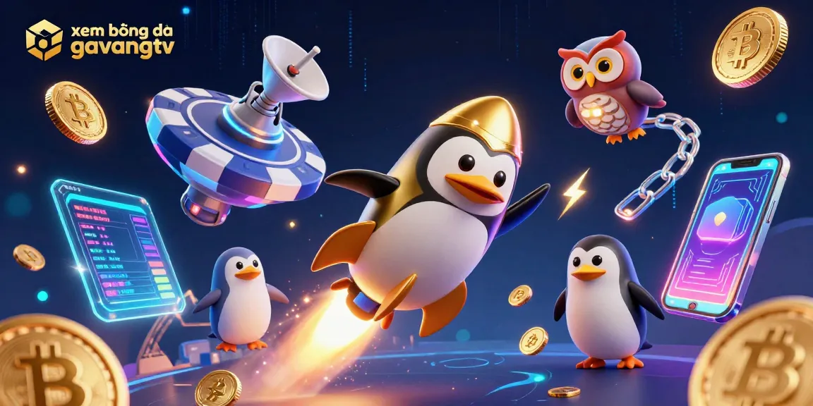 Experience xem bóng đá gavangtv with a vibrant scene of a golden penguin and crypto coins.